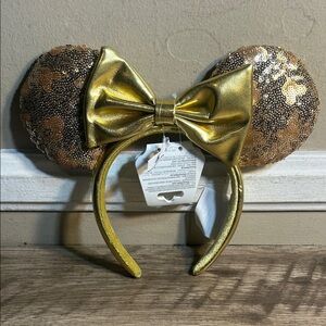 Disney Parks Gold Minnie Mouse Ears Headband Gold Bow Sequins New Mickey